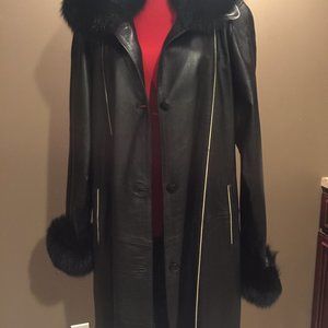 Full Length Long Black Leather Coat with Real Fox Fur Collar and Cuffs size XL